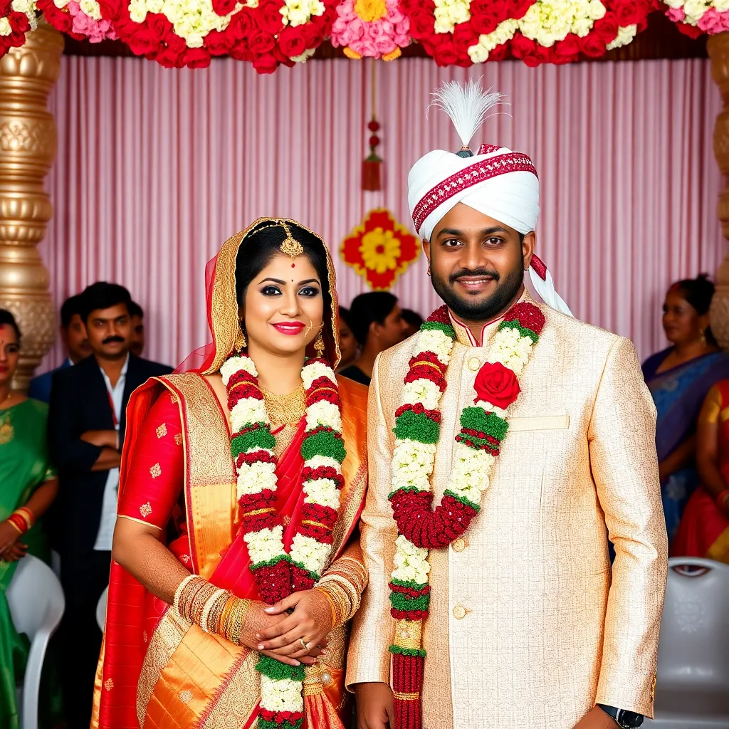 Happy couple getting married with traditional Indian wedding decorations